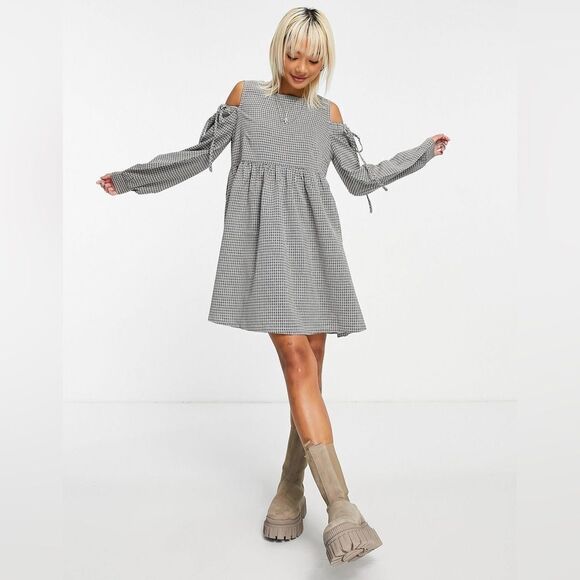 ASOS Daisy Street Tie Sleeve Mini Smock Dress in Micro Check SZ Med Streetwear - Picture 1 of 8